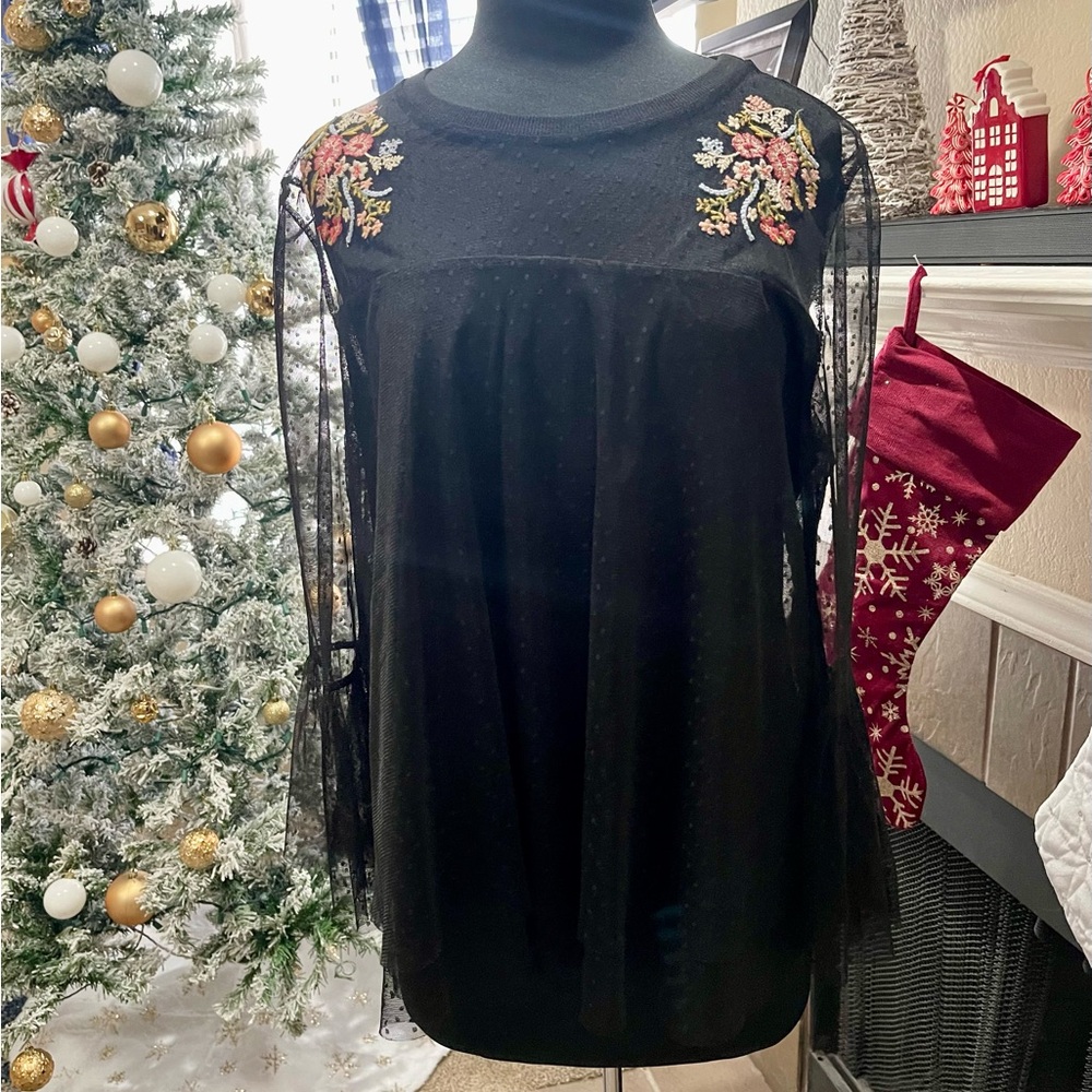 Black Sheer Top with Floral Embroidery